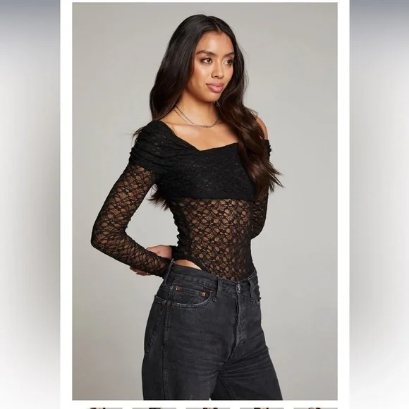CHASER Black Long Sleeve Stretch Lace Off Shoulder Body Suit - Picture 5 of 9